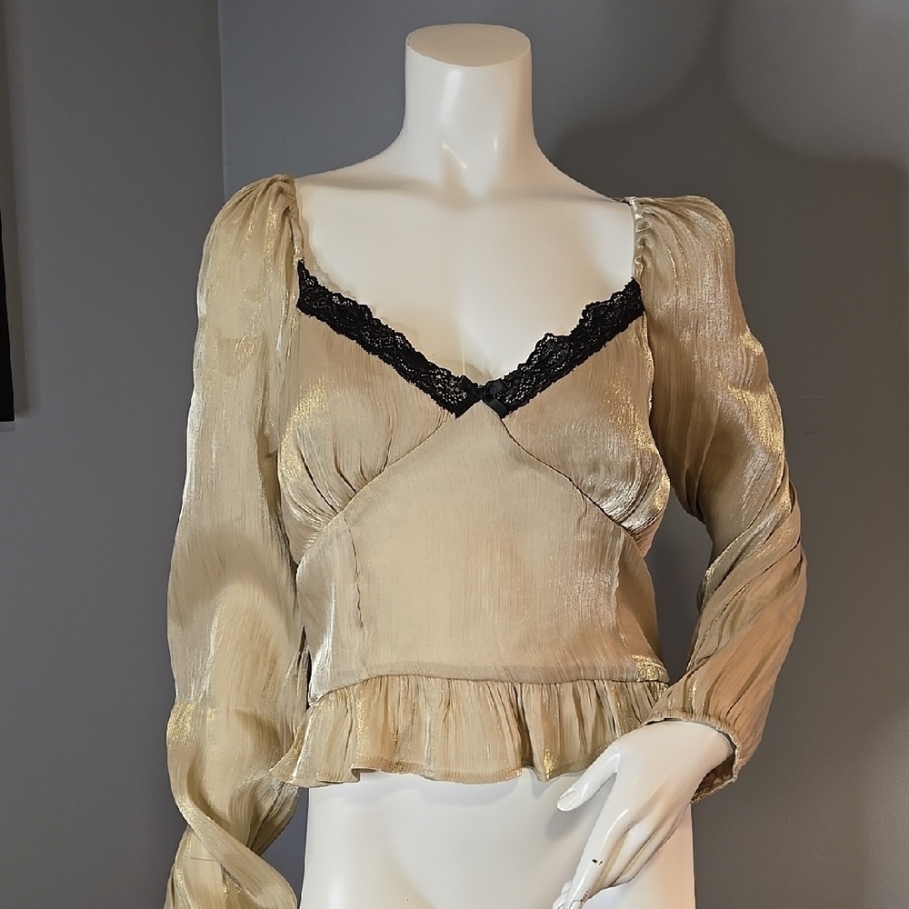 One Heart Clothing Tan Shimmery Smocked Back Blouse with Lace Insert Size Large